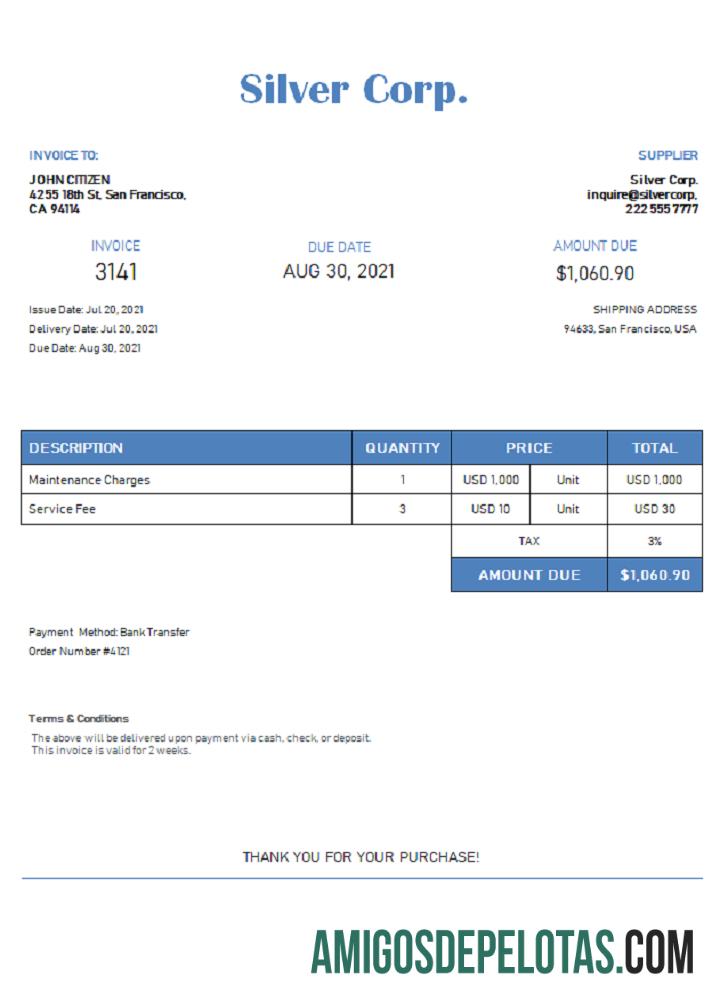 Fatura da USA Silver Corp. exemplo real